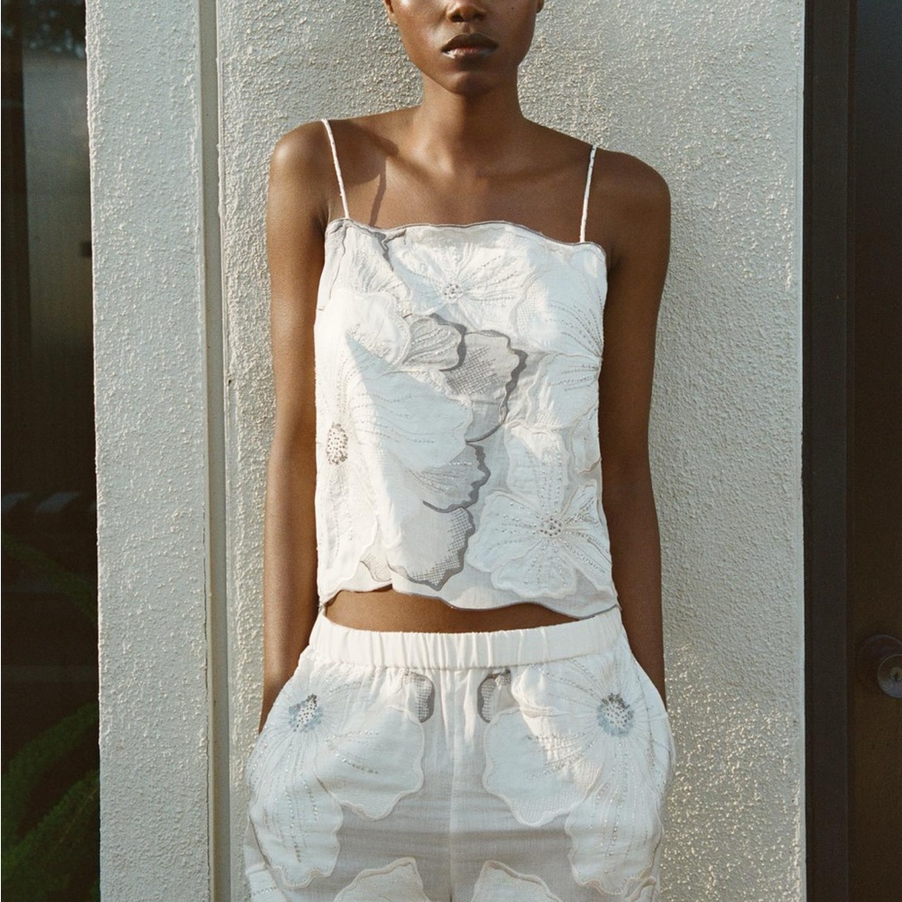 Zara White and Gray Floral Camisole Set